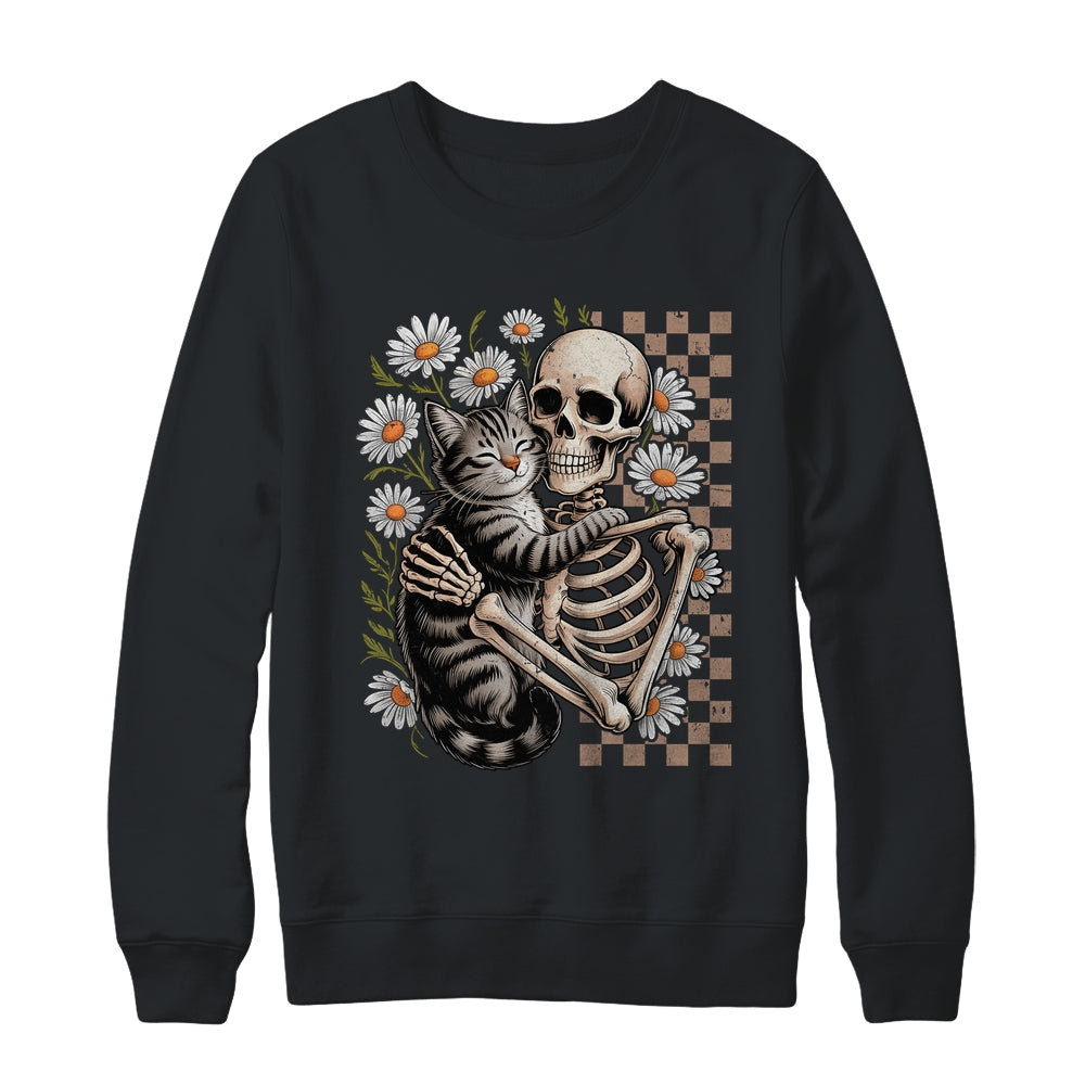 Floral Skeleton Hugging Cat Halloween Cat Lover For Mom Dad Shirt & Sweatshirt | teecentury