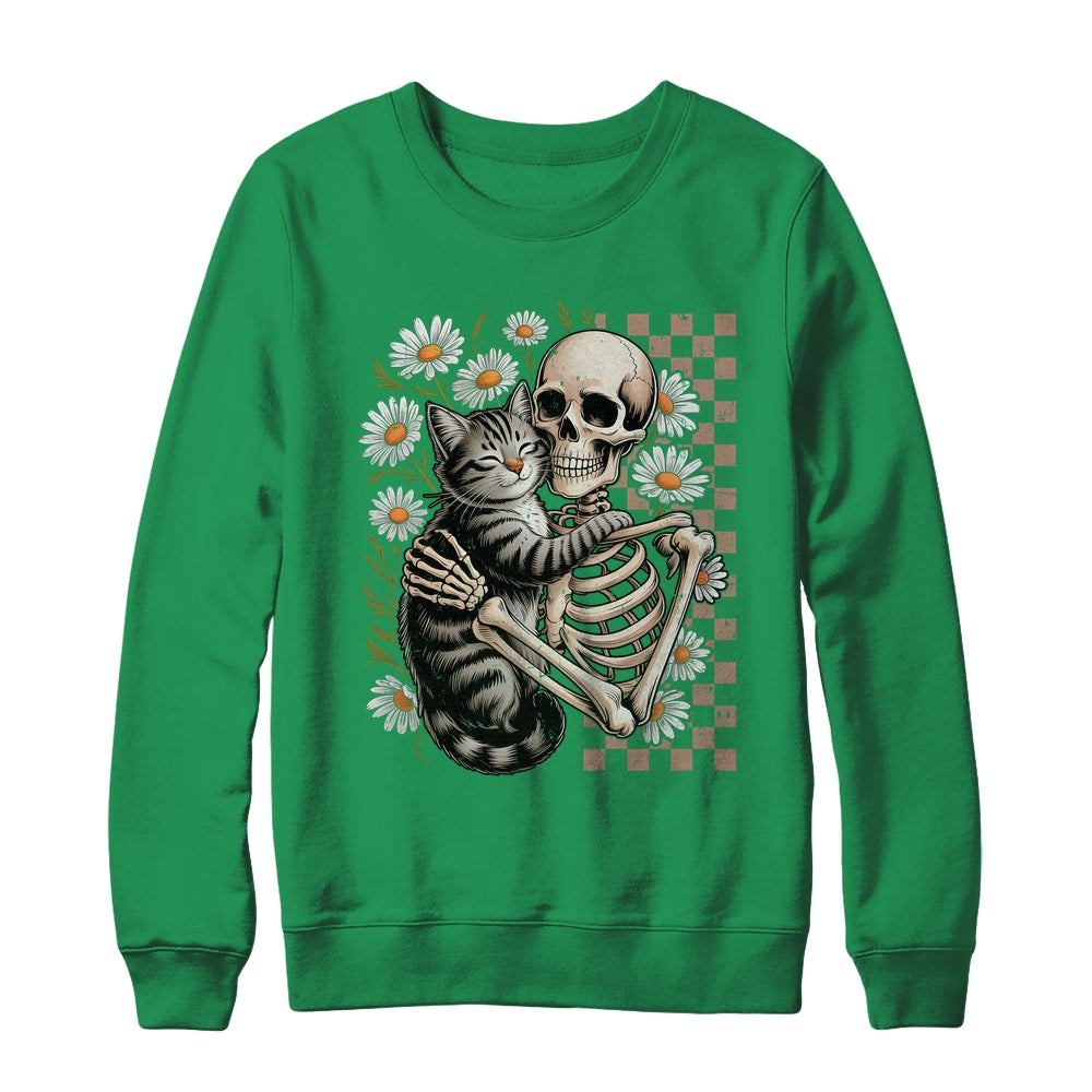 Floral Skeleton Hugging Cat Halloween Cat Lover For Mom Dad Shirt & Sweatshirt | teecentury
