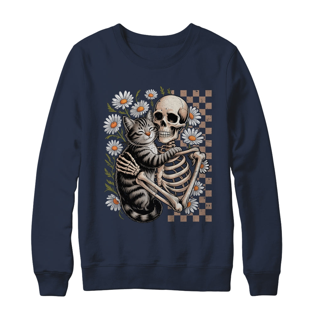 Floral Skeleton Hugging Cat Halloween Cat Lover For Mom Dad Shirt & Sweatshirt | teecentury