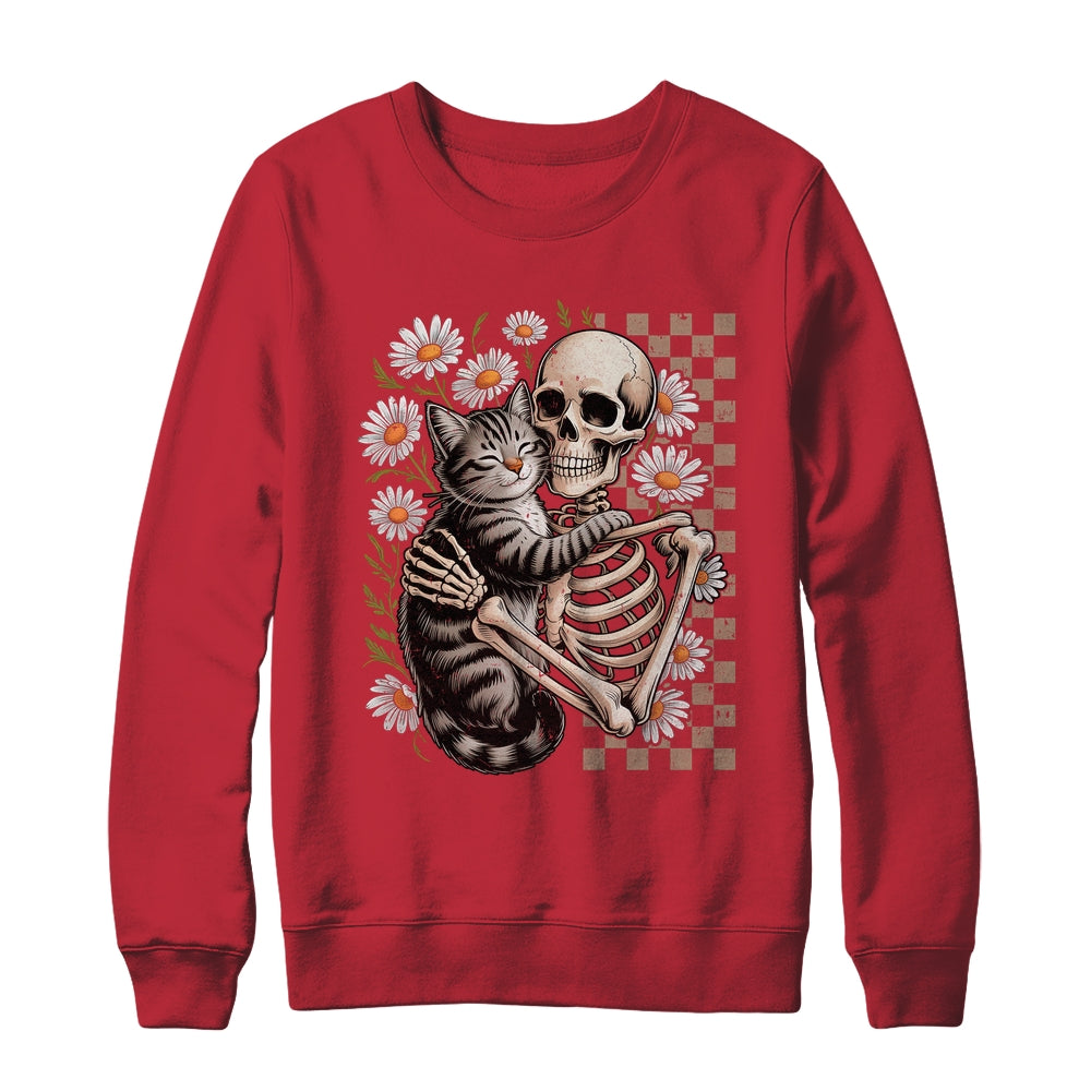 Floral Skeleton Hugging Cat Halloween Cat Lover For Mom Dad Shirt & Sweatshirt | teecentury
