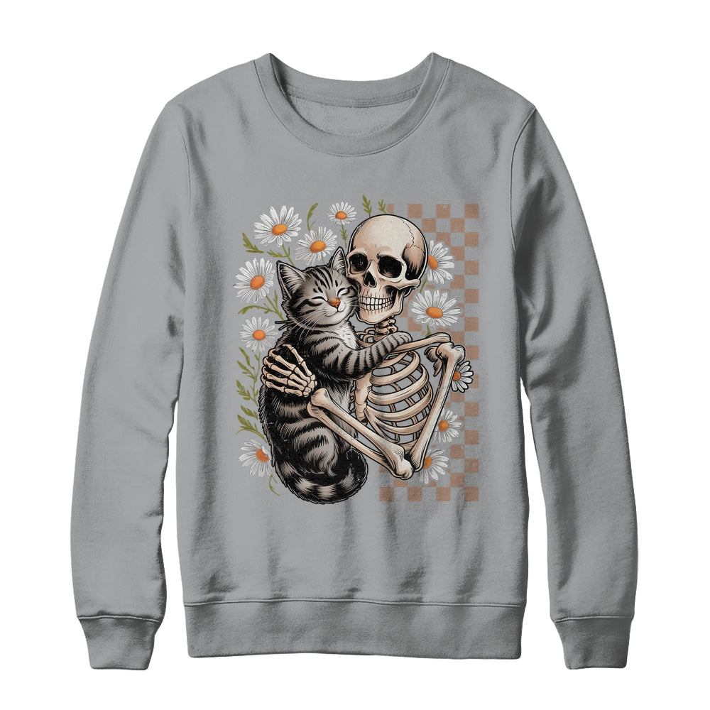 Floral Skeleton Hugging Cat Halloween Cat Lover For Mom Dad Shirt & Sweatshirt | teecentury