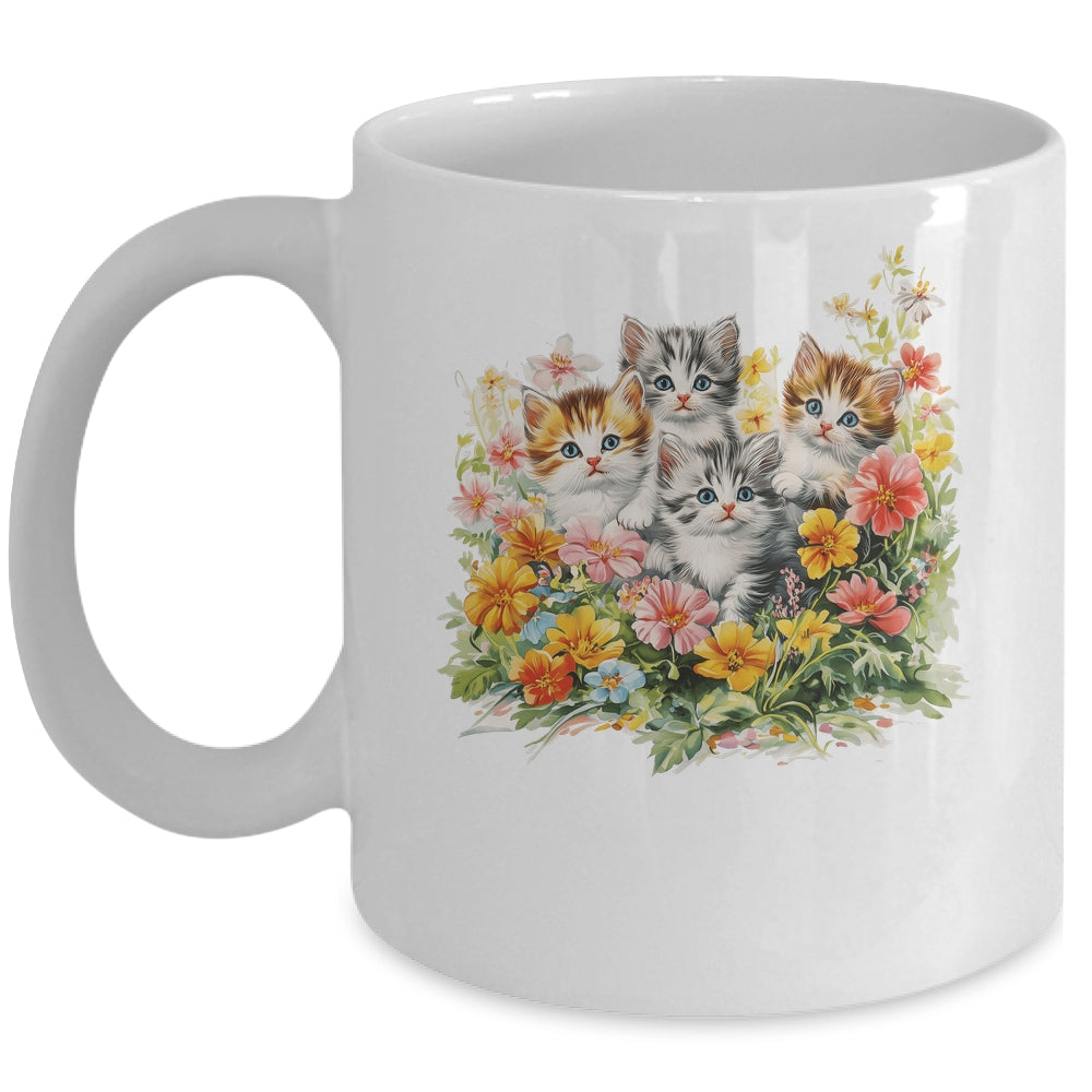 Floral Vintage Aesthetic Painted Kittens Cat Lover Flower Mug | teecentury