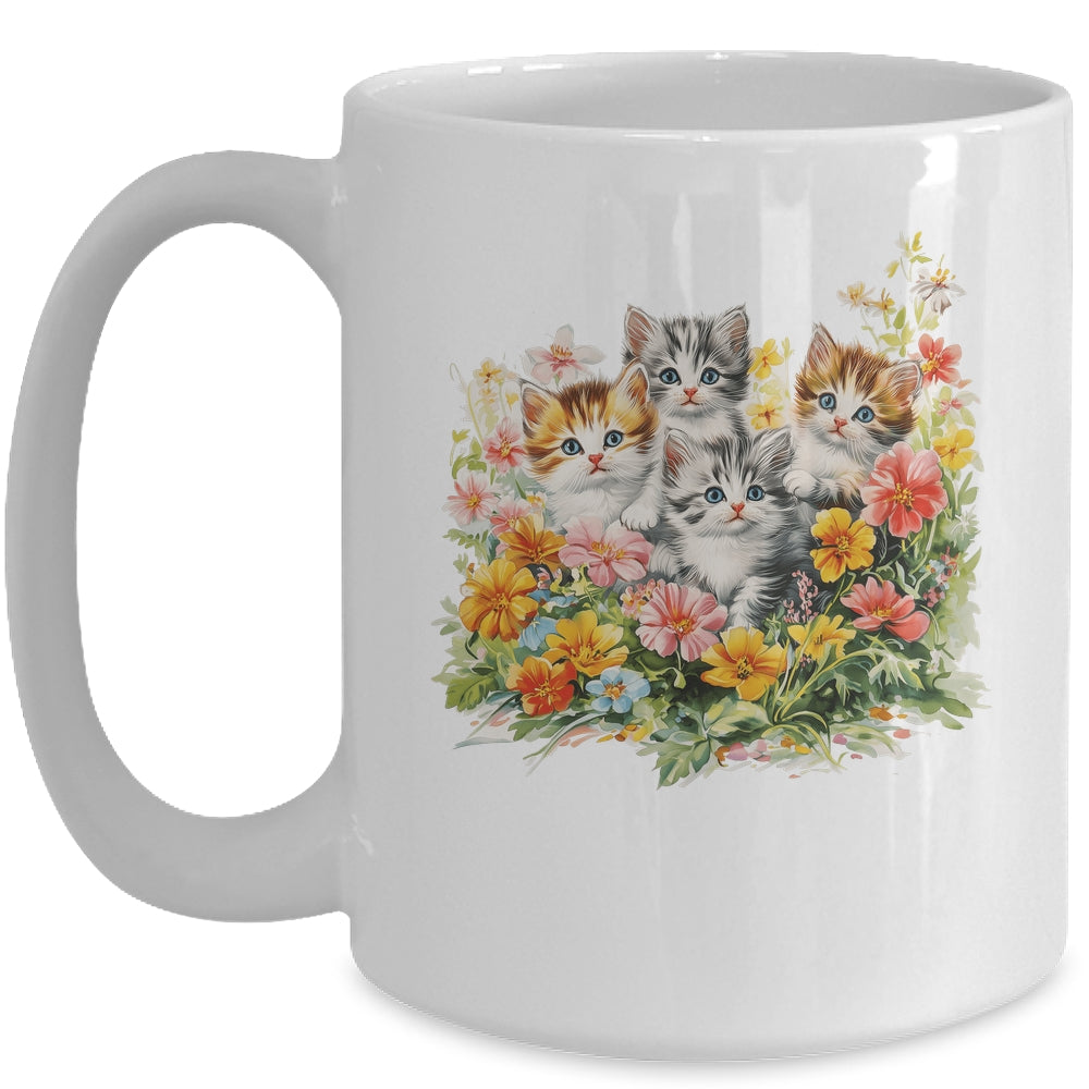Floral Vintage Aesthetic Painted Kittens Cat Lover Flower Mug | teecentury