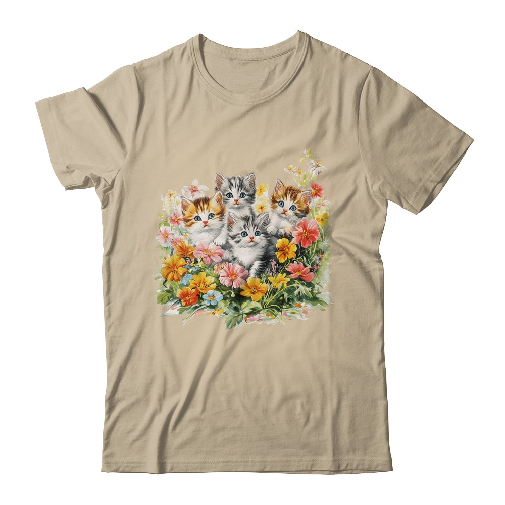 Floral Vintage Aesthetic Painted Kittens Cat Lover Flower Shirt & Tank Top | teecentury