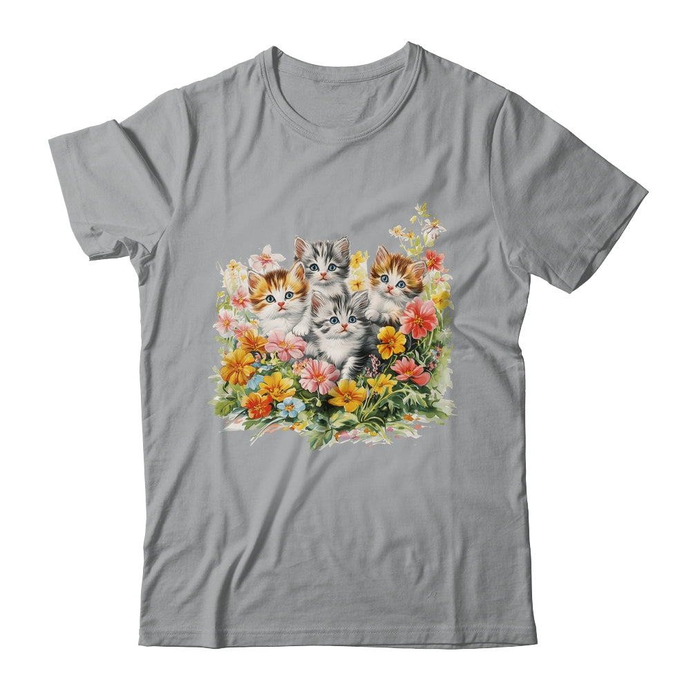 Floral Vintage Aesthetic Painted Kittens Cat Lover Flower Shirt & Tank Top | teecentury