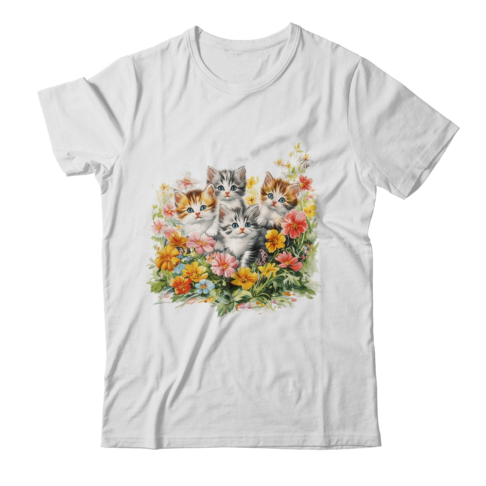 Floral Vintage Aesthetic Painted Kittens Cat Lover Flower Shirt & Tank Top | teecentury