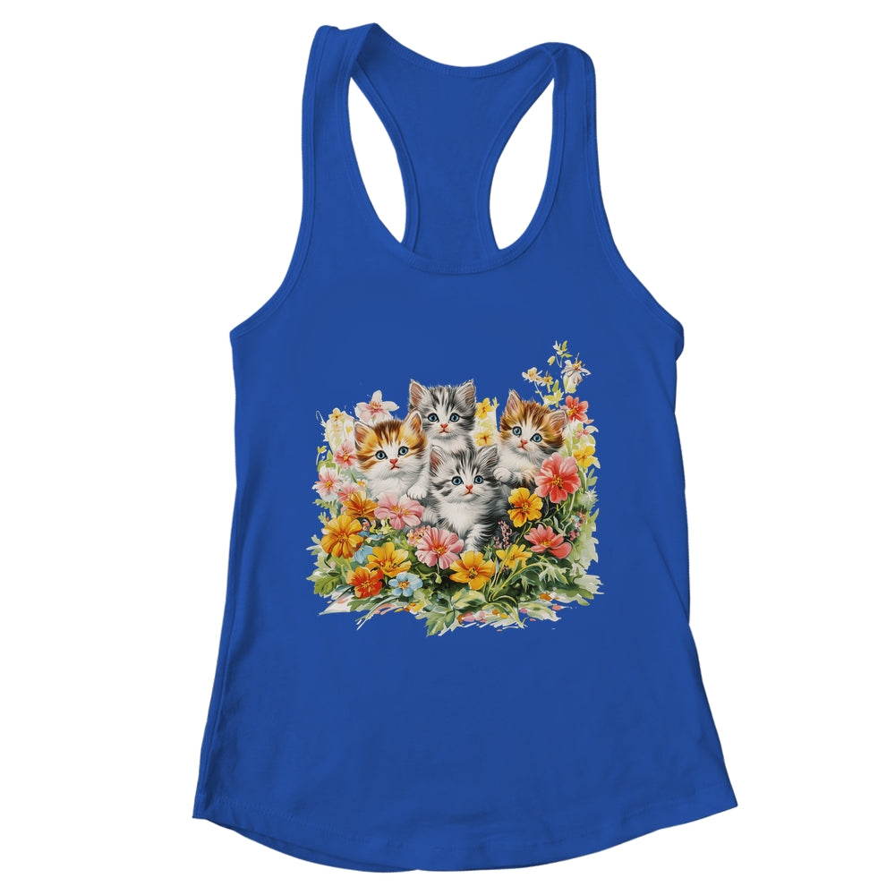 Floral Vintage Aesthetic Painted Kittens Cat Lover Flower Shirt & Tank Top | teecentury