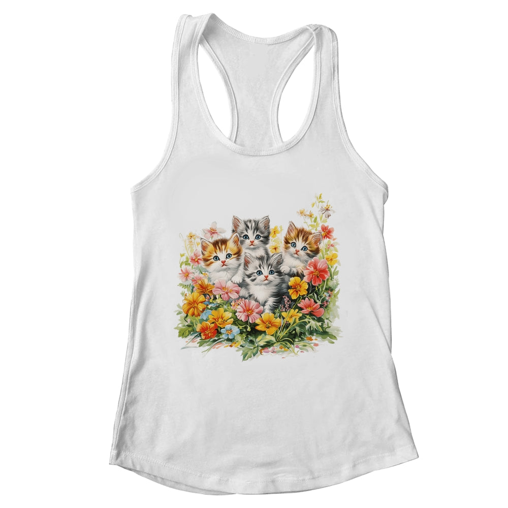 Floral Vintage Aesthetic Painted Kittens Cat Lover Flower Shirt & Tank Top | teecentury