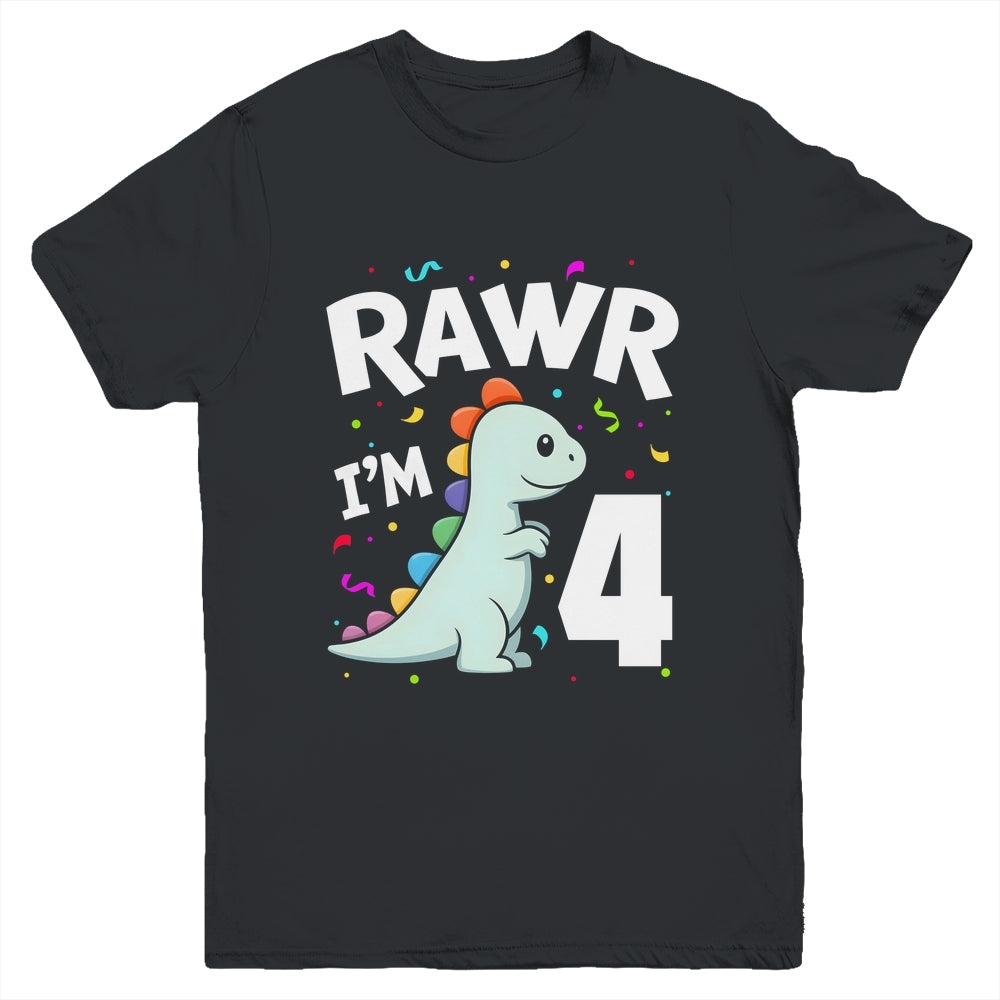 Four Rawr I'm 4 Years Old T Rex Dinosaur 4th Birthday Boys Youth Shirt | teecentury