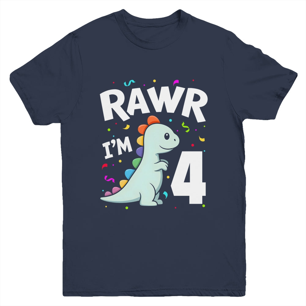 Four Rawr I'm 4 Years Old T Rex Dinosaur 4th Birthday Boys Youth Shirt | teecentury