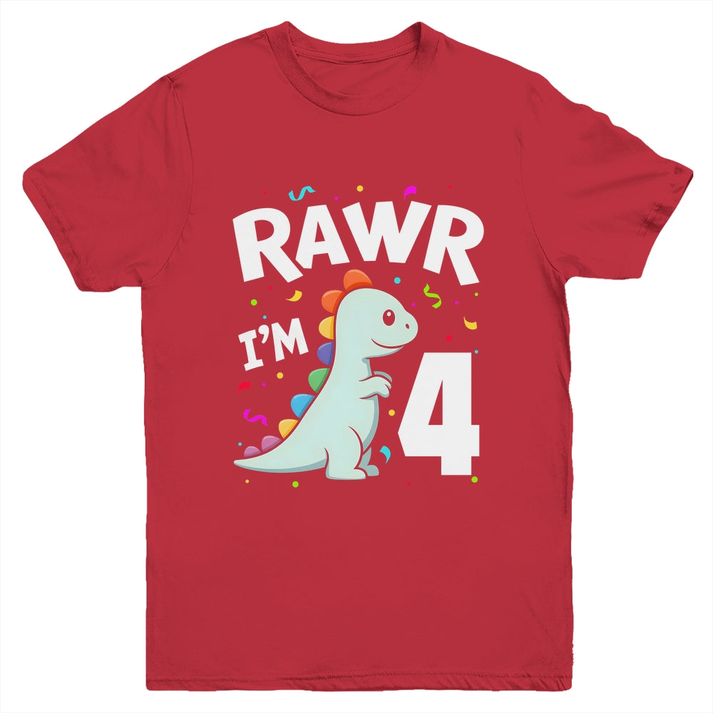 Four Rawr I'm 4 Years Old T Rex Dinosaur 4th Birthday Boys Youth Shirt | teecentury