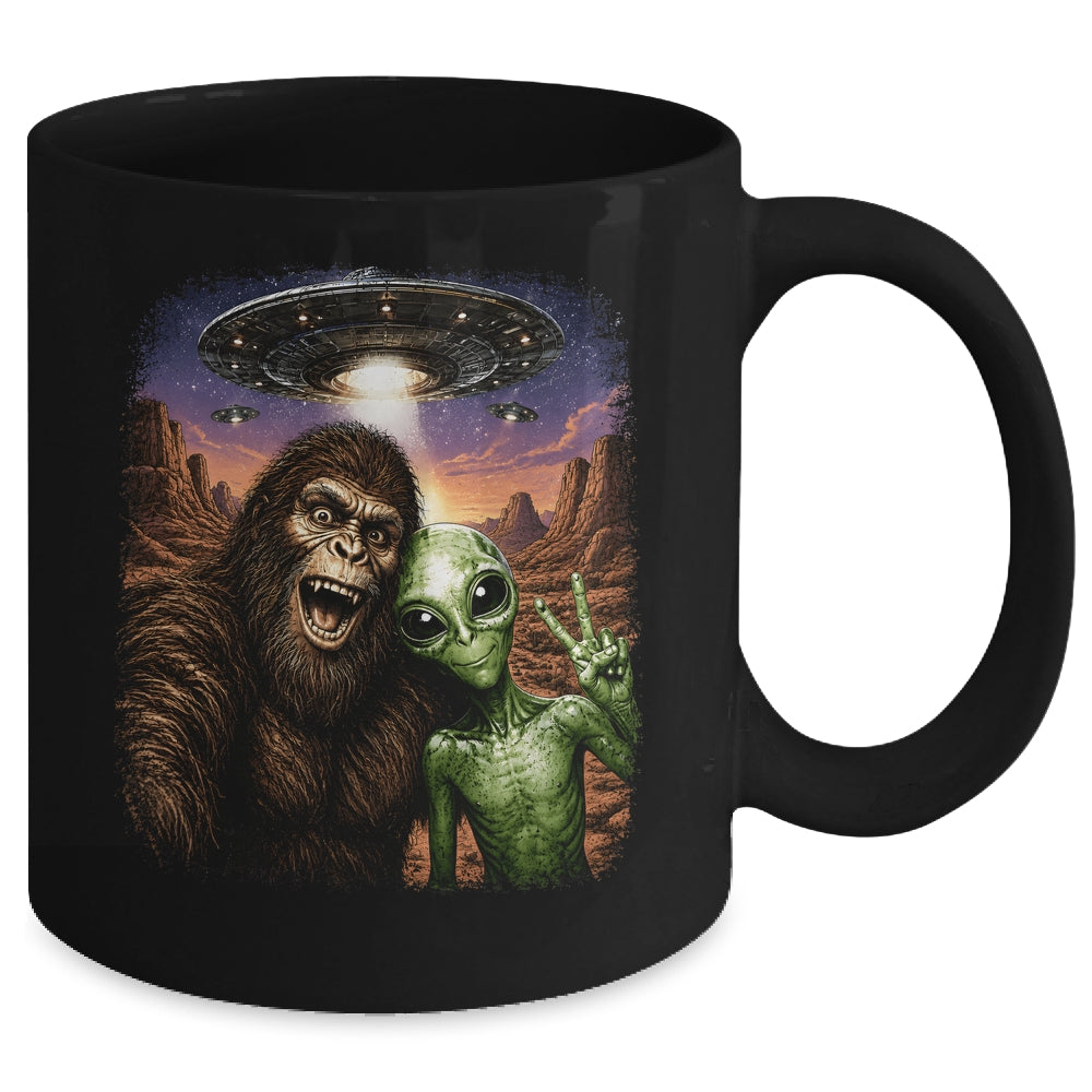 Funny Bigfoot Alien Sasquatch Selfie Rock On Peace Sign Ufo Mug | teecentury