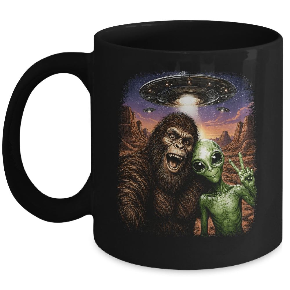 Funny Bigfoot Alien Sasquatch Selfie Rock On Peace Sign Ufo Mug | teecentury