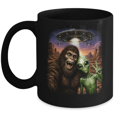 Funny Bigfoot Alien Sasquatch Selfie Rock On Peace Sign Ufo Mug | teecentury
