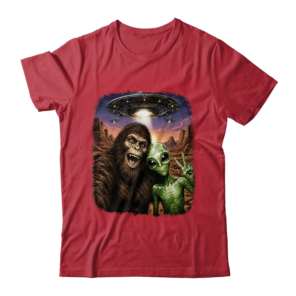 Funny Bigfoot Alien Sasquatch Selfie Rock On Peace Sign Ufo Shirt & Hoodie | teecentury
