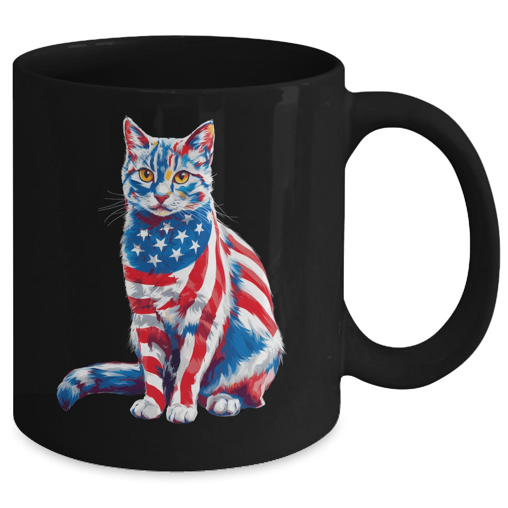 Funny Cute Cat Green Eyes USA Flag 4th Of July Cat Lover Mug | teecentury