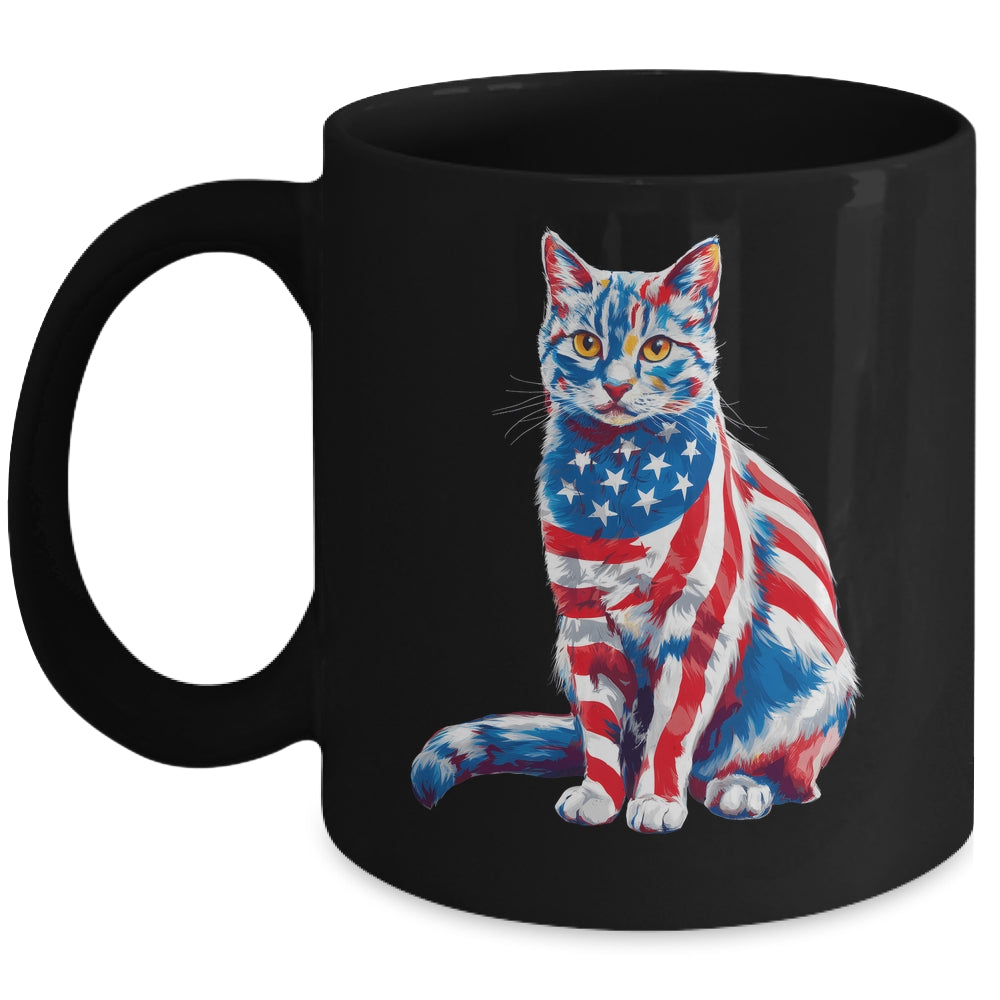 Funny Cute Cat Green Eyes USA Flag 4th Of July Cat Lover Mug | teecentury