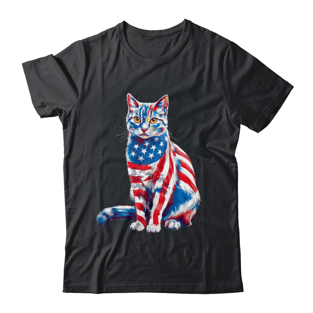 Funny Cute Cat Green Eyes USA Flag 4th Of July Cat Lover Shirt & Tank Top | teecentury