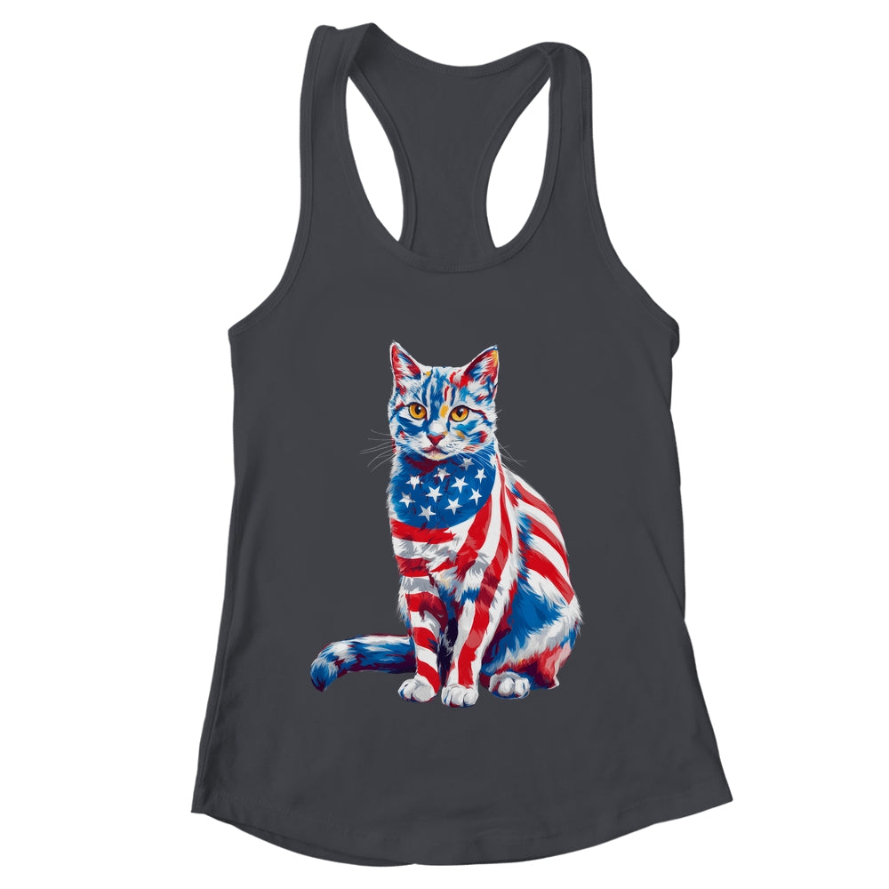 Funny Cute Cat Green Eyes USA Flag 4th Of July Cat Lover Shirt & Tank Top | teecentury