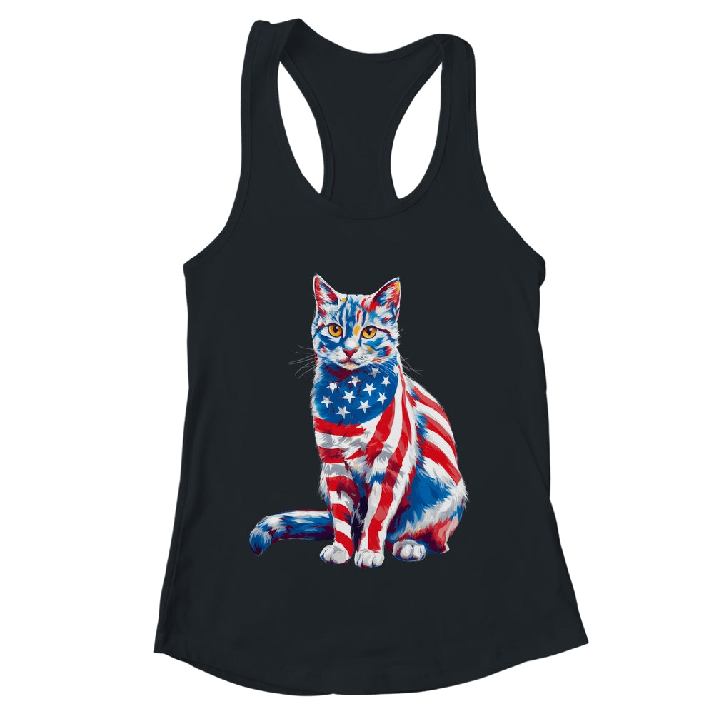 Funny Cute Cat Green Eyes USA Flag 4th Of July Cat Lover Shirt & Tank Top | teecentury