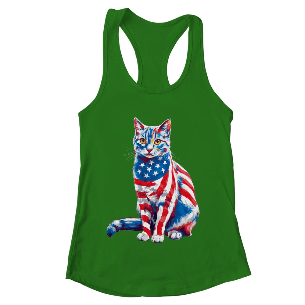Funny Cute Cat Green Eyes USA Flag 4th Of July Cat Lover Shirt & Tank Top | teecentury
