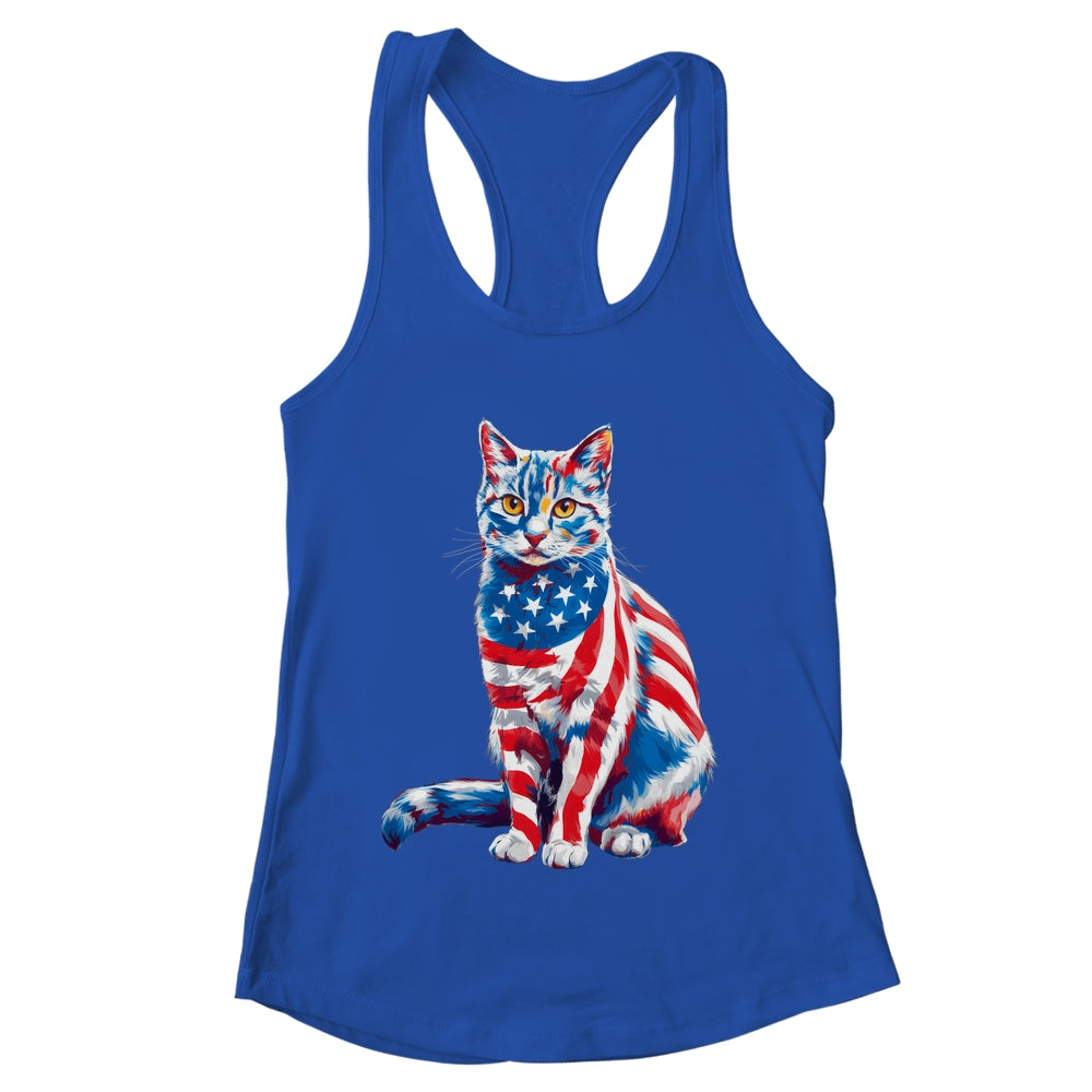 Funny Cute Cat Green Eyes USA Flag 4th Of July Cat Lover Shirt & Tank Top | teecentury