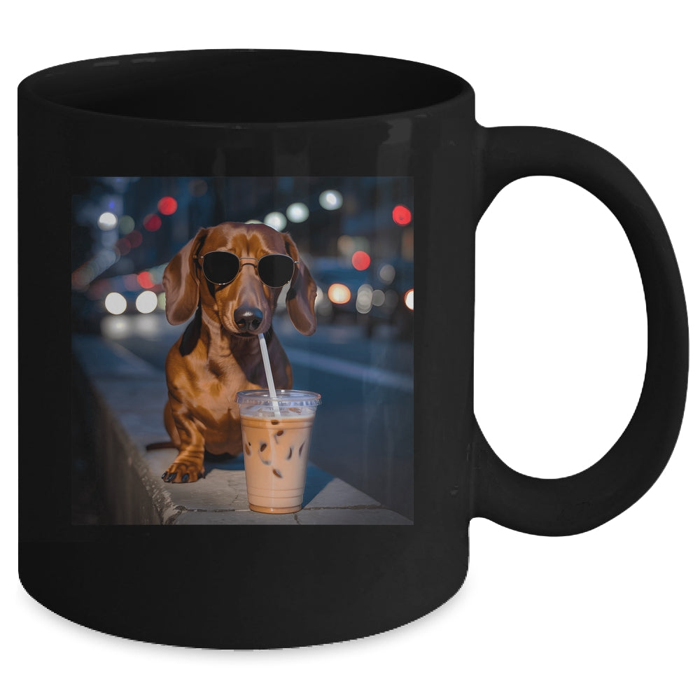 Funny Dachshund Drinking Iced Coffee Dog Meme Lover Humor Mug | teecentury