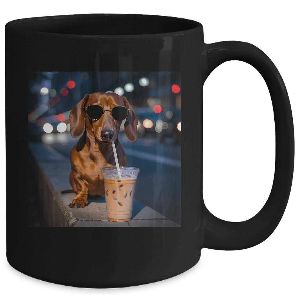 Funny Dachshund Drinking Iced Coffee Dog Meme Lover Humor Mug | teecentury