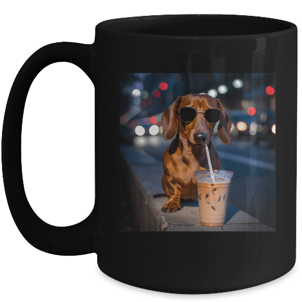 Funny Dachshund Drinking Iced Coffee Dog Meme Lover Humor Mug | teecentury