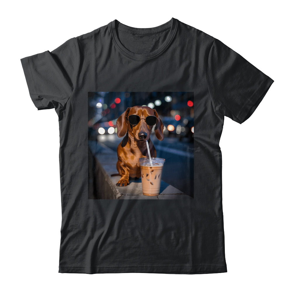 Funny Dachshund Drinking Iced Coffee Dog Meme Lover Humor Shirt & Tank Top | teecentury