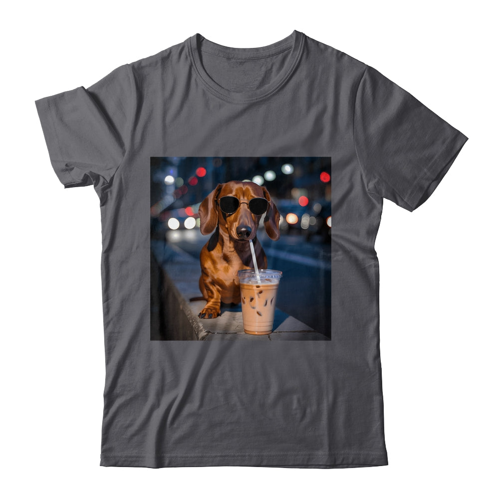 Funny Dachshund Drinking Iced Coffee Dog Meme Lover Humor Shirt & Tank Top | teecentury