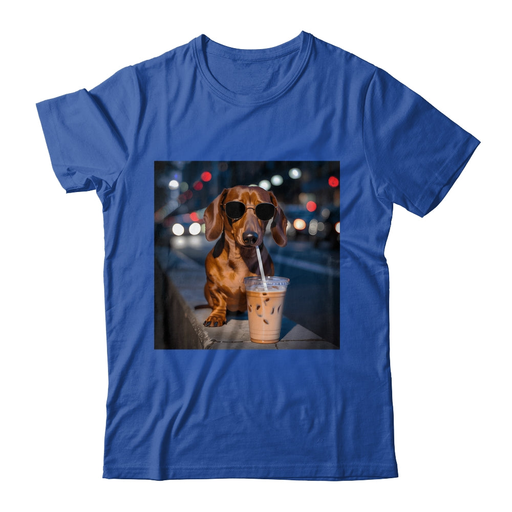 Funny Dachshund Drinking Iced Coffee Dog Meme Lover Humor Shirt & Tank Top | teecentury