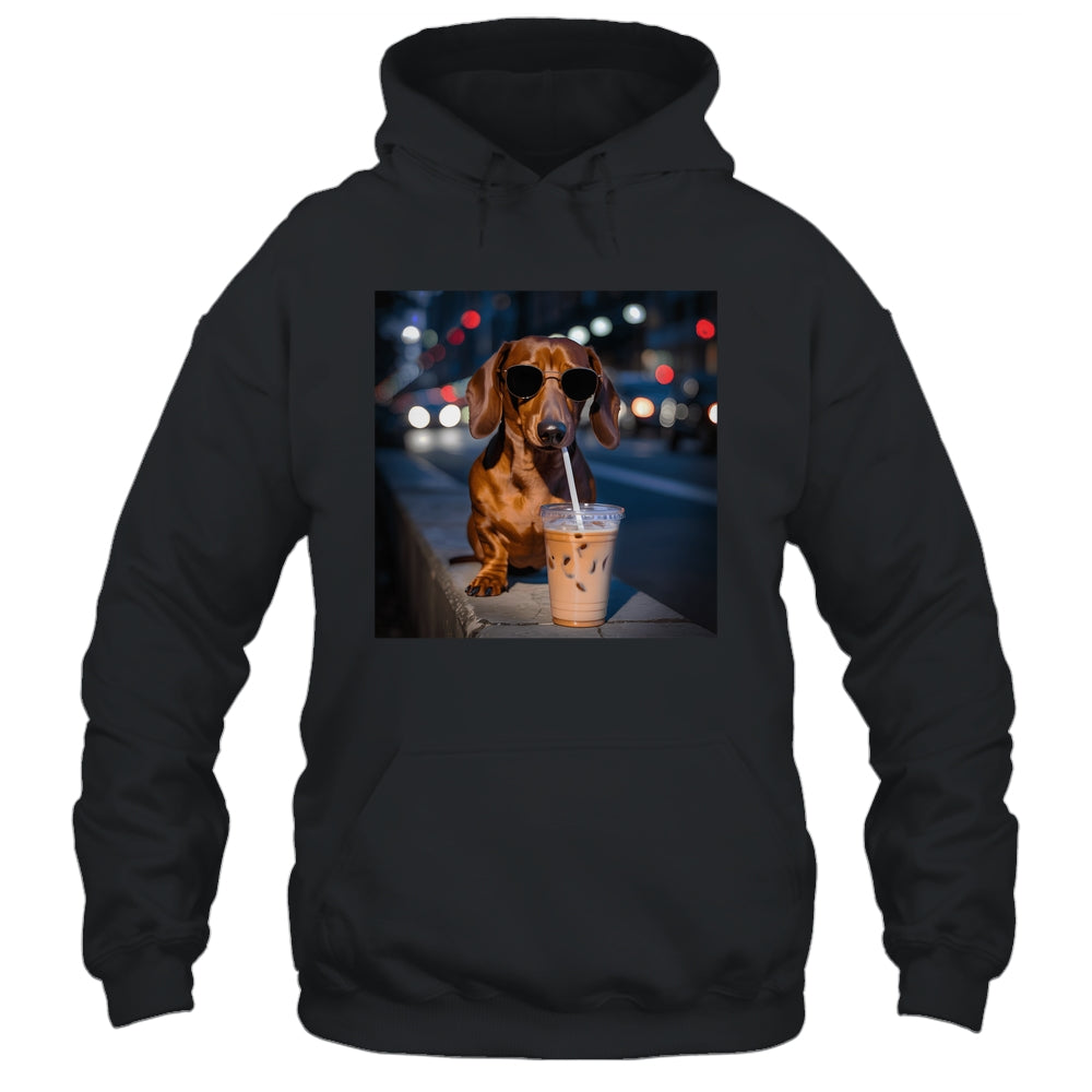 Funny Dachshund Drinking Iced Coffee Dog Meme Lover Humor Shirt & Tank Top | teecentury