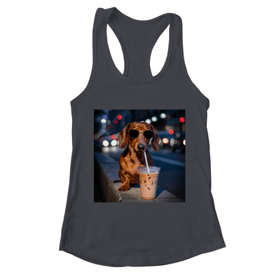 Funny Dachshund Drinking Iced Coffee Dog Meme Lover Humor Shirt & Tank Top | teecentury