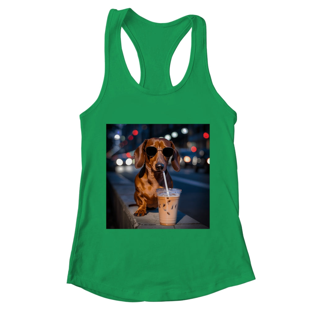 Funny Dachshund Drinking Iced Coffee Dog Meme Lover Humor Shirt & Tank Top | teecentury