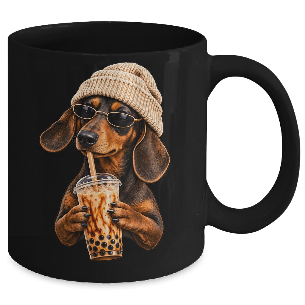 Funny Dachshund Hipster Dog Wiener Drinking Iced Coffee Mug | teecentury