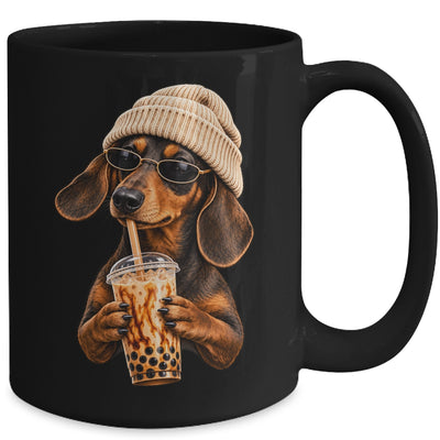 Funny Dachshund Hipster Dog Wiener Drinking Iced Coffee Mug | teecentury
