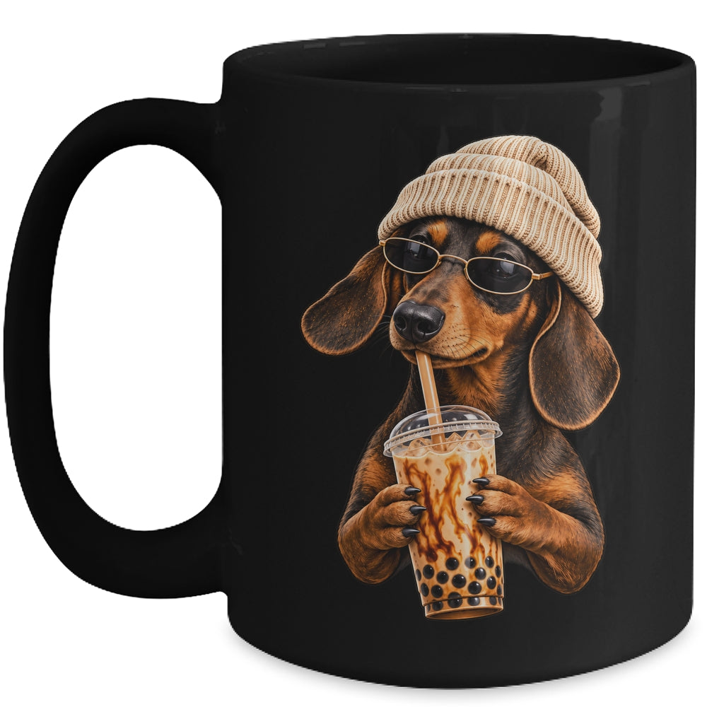 Funny Dachshund Hipster Dog Wiener Drinking Iced Coffee Mug | teecentury