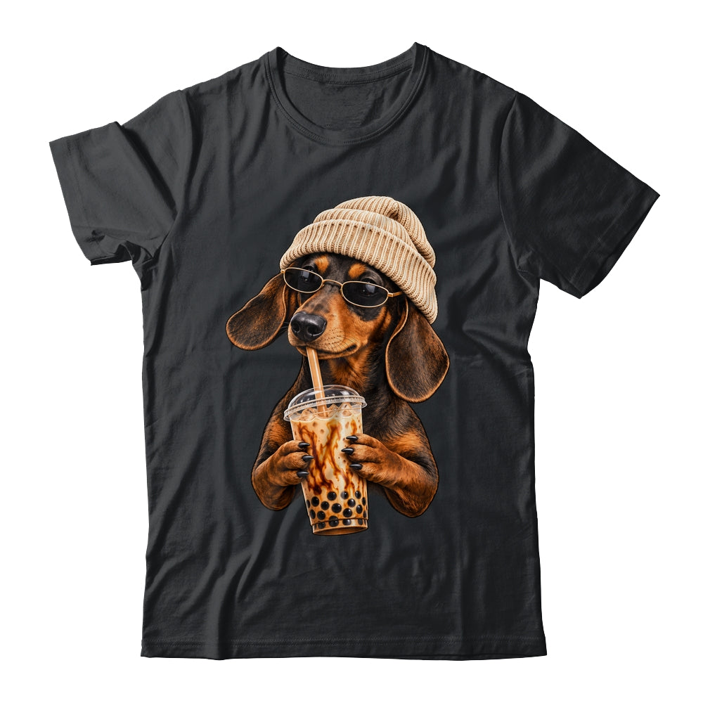 Funny Dachshund Hipster Dog Wiener Drinking Iced Coffee Shirt & Tank Top | teecentury