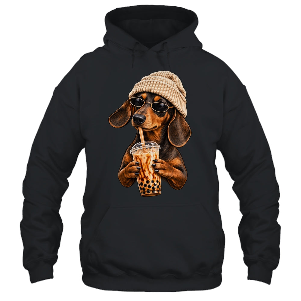 Funny Dachshund Hipster Dog Wiener Drinking Iced Coffee Shirt & Tank Top | teecentury