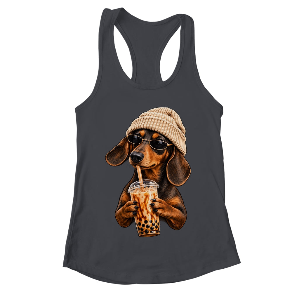 Funny Dachshund Hipster Dog Wiener Drinking Iced Coffee Shirt & Tank Top | teecentury