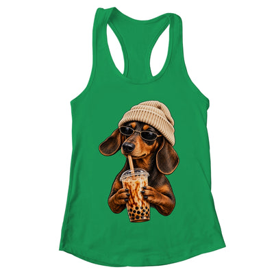 Funny Dachshund Hipster Dog Wiener Drinking Iced Coffee Shirt & Tank Top | teecentury
