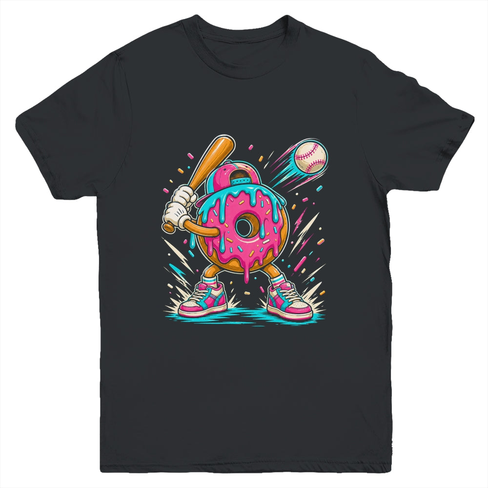 Funny Donut Playing Baseball Drip Ice Dream Boys Kids Youth Shirt | teecentury