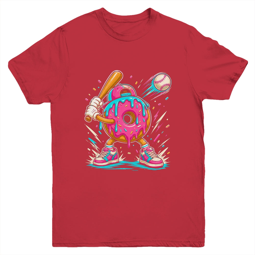 Funny Donut Playing Baseball Drip Ice Dream Boys Kids Youth Shirt | teecentury