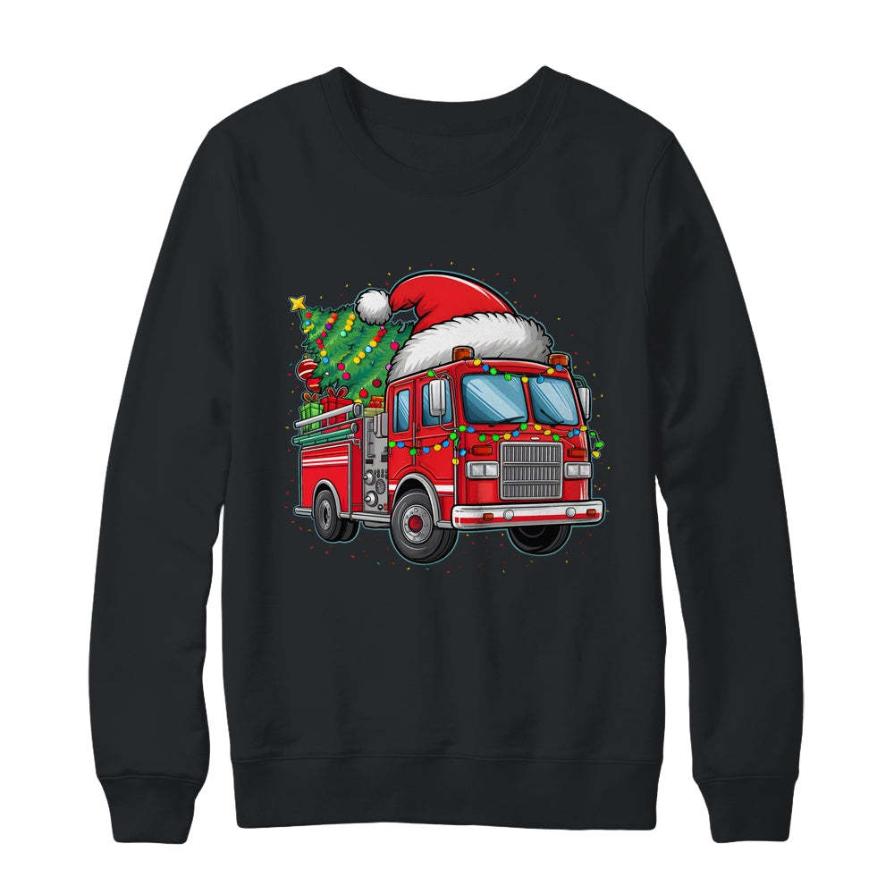 Funny Firetruck Santa Christmas Tree Lights Womens Mens Kids Shirt & Sweatshirt | teecentury