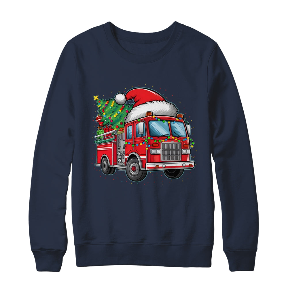 Funny Firetruck Santa Christmas Tree Lights Womens Mens Kids Shirt & Sweatshirt | teecentury