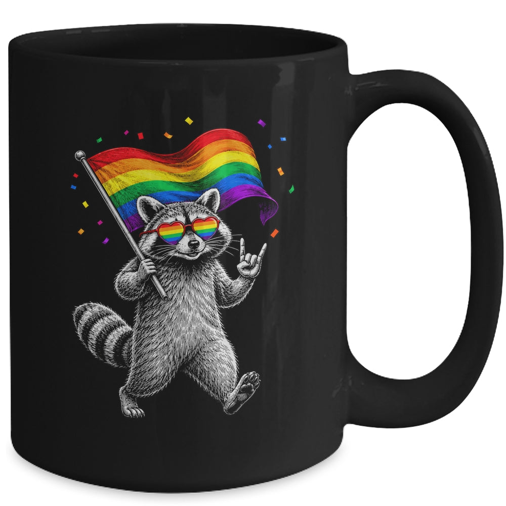 Funny LGBT Ally Raccoon Holding A Rainbow Flag Lgbt Support Mug | teecentury