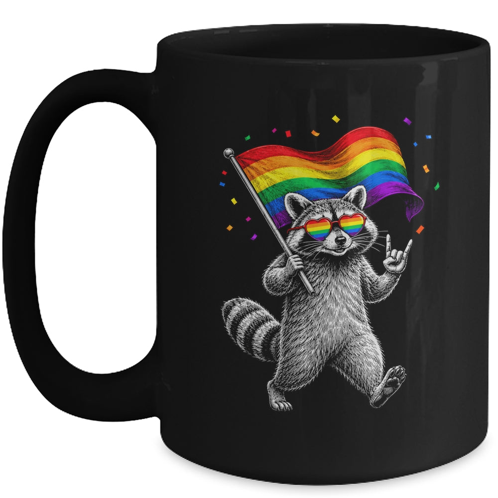 Funny LGBT Ally Raccoon Holding A Rainbow Flag Lgbt Support Mug | teecentury