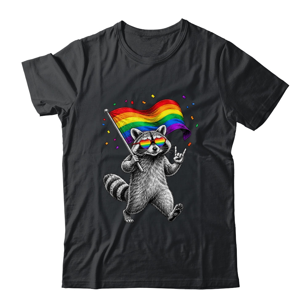 Funny LGBT Ally Raccoon Holding A Rainbow Flag Lgbt Support Shirt & Tank Top | teecentury