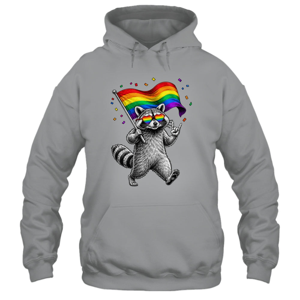Funny LGBT Ally Raccoon Holding A Rainbow Flag Lgbt Support Shirt & Tank Top | teecentury